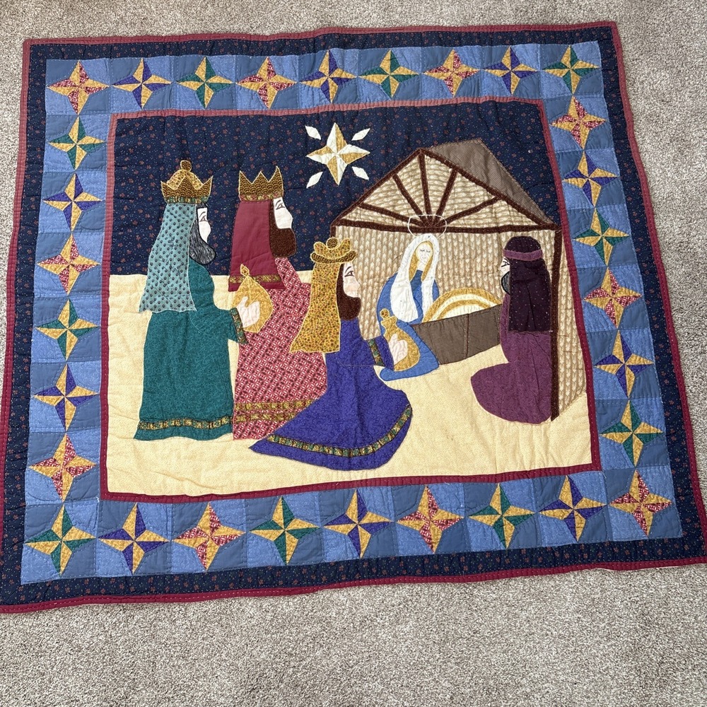 Vtg Handmade Christmas Nativity Scene Appliqué Quilt Manger 3 Kings Wise Men